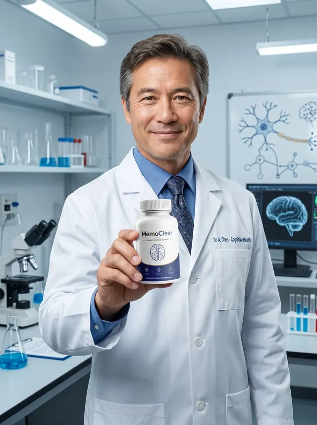 Practitioner holding a bottle of Memoclear brain support capsules
