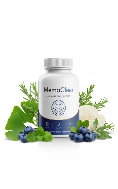 Memoclear brain support capsule bottle beside ginkgo leaves, blueberries, rosemary and cauliflower