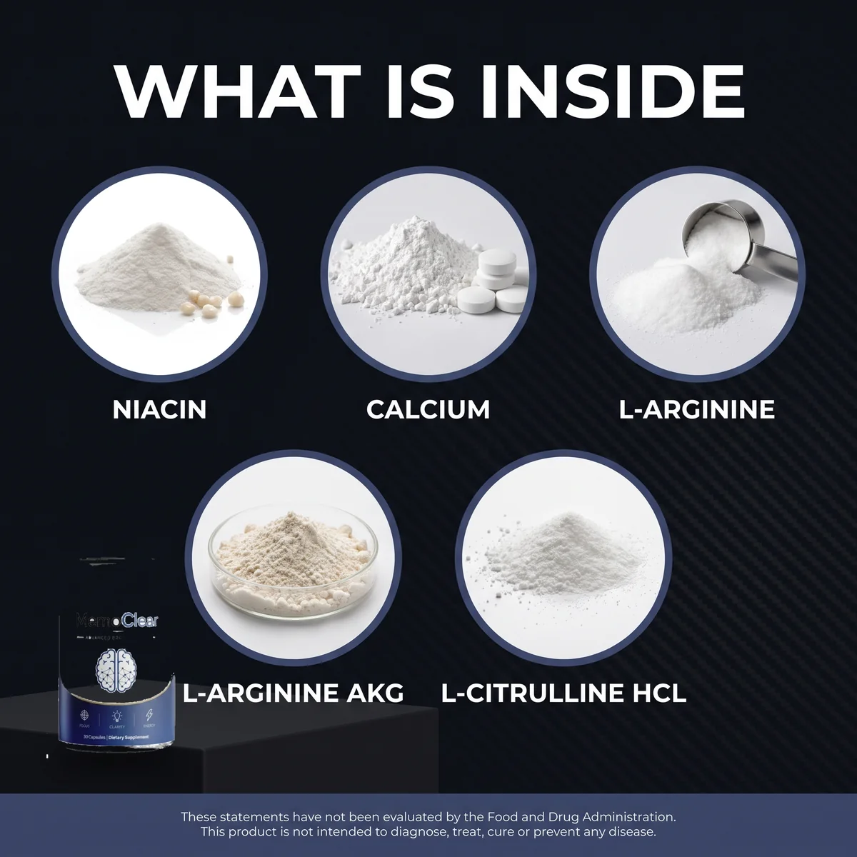What is inside Memoclear: niacin, calcium, L-arginine, L-arginine AKG and L-citrulline HCl