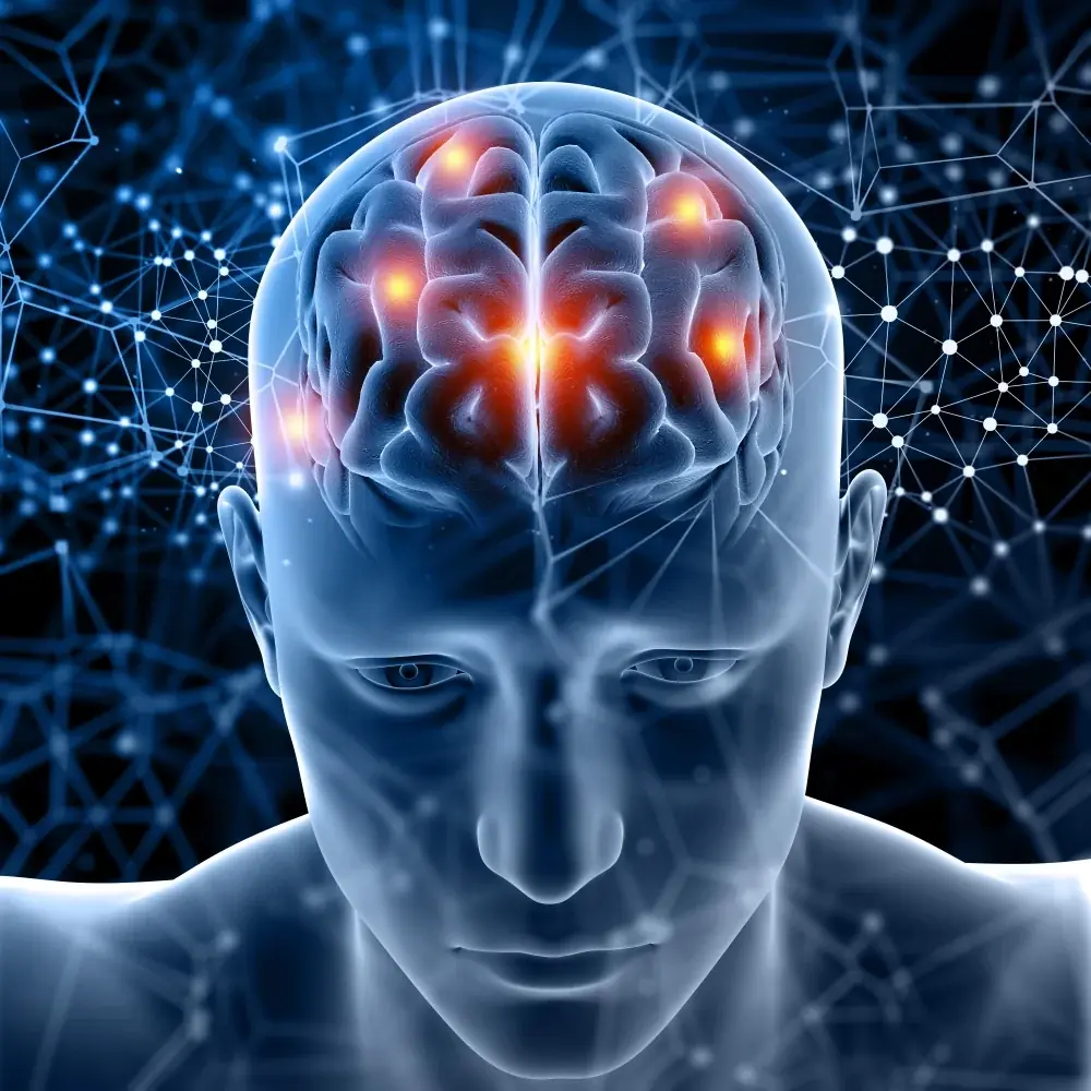 Memoclear brain science illustration of blood flow and neural signalling