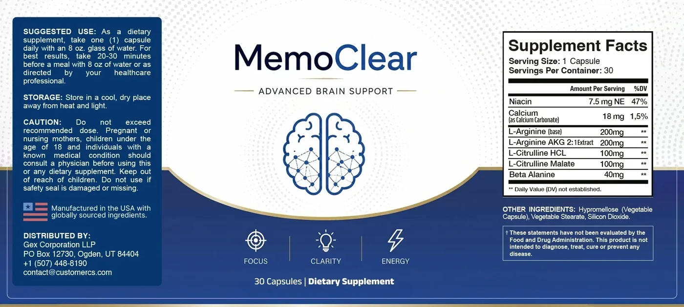 Memoclear Supplement Facts panel showing niacin, calcium, L-arginine, L-citrulline and beta alanine amounts